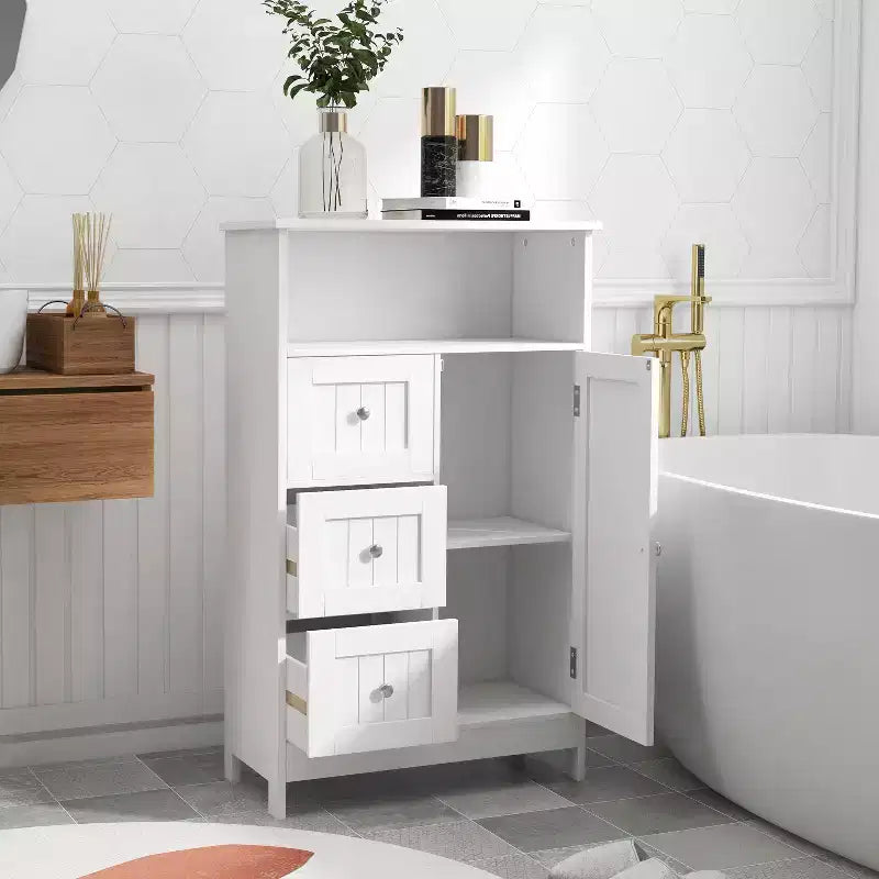 White Storage Cabinet with 3 Drawers and Door