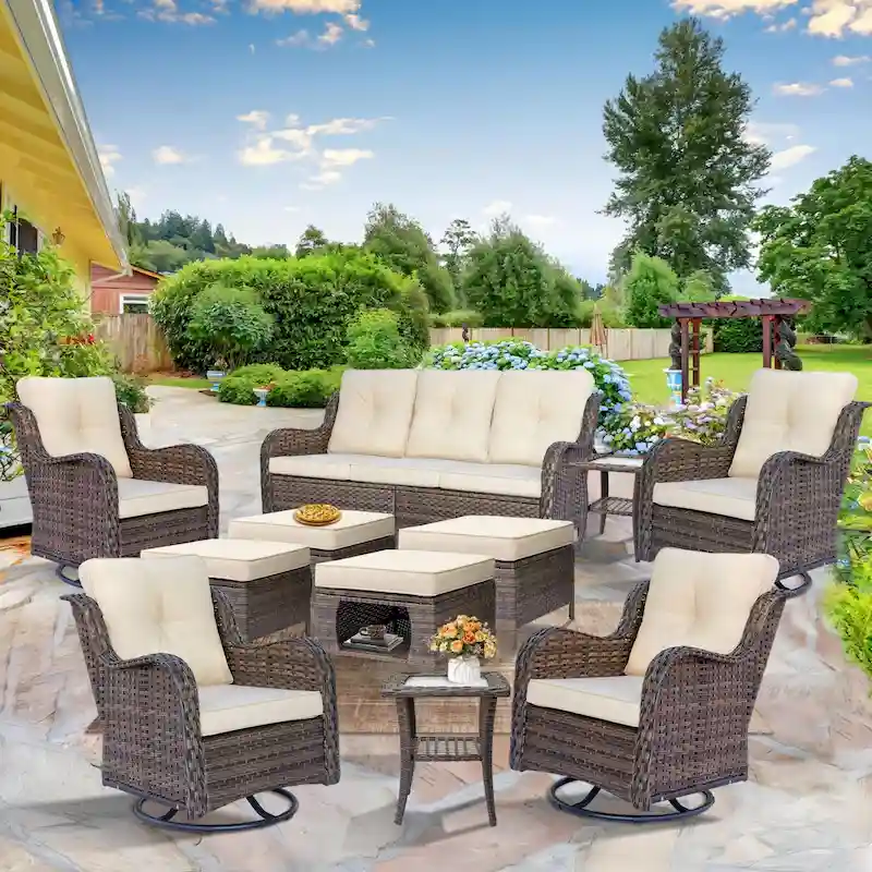 Patio Furniture-11 Piece Wicker Patio Furniture Set with Swivel Chairs