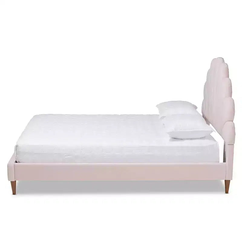 Queen Odille Velvet Seashell Shaped Platform Bed Light Pink/Walnut - Baxton Studio: Glam Bedroom Furniture, Channel Tufted