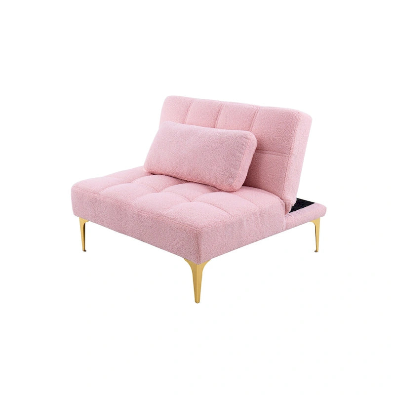 Pink Teddy Chenille Sofa Bed | 3-Position Futon | Solid Wood Frame | 300 lb | Gold Legs