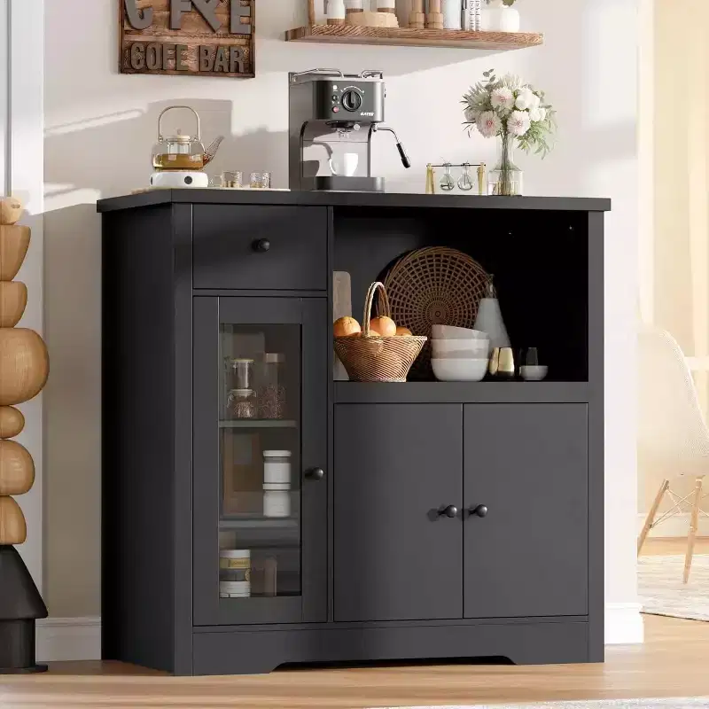 Black / Walnut+White / Wood Color Kitchen Storage Cabinet – 1 Drawer, 2 Doors, Adjustable Shelves, Microwave Stand