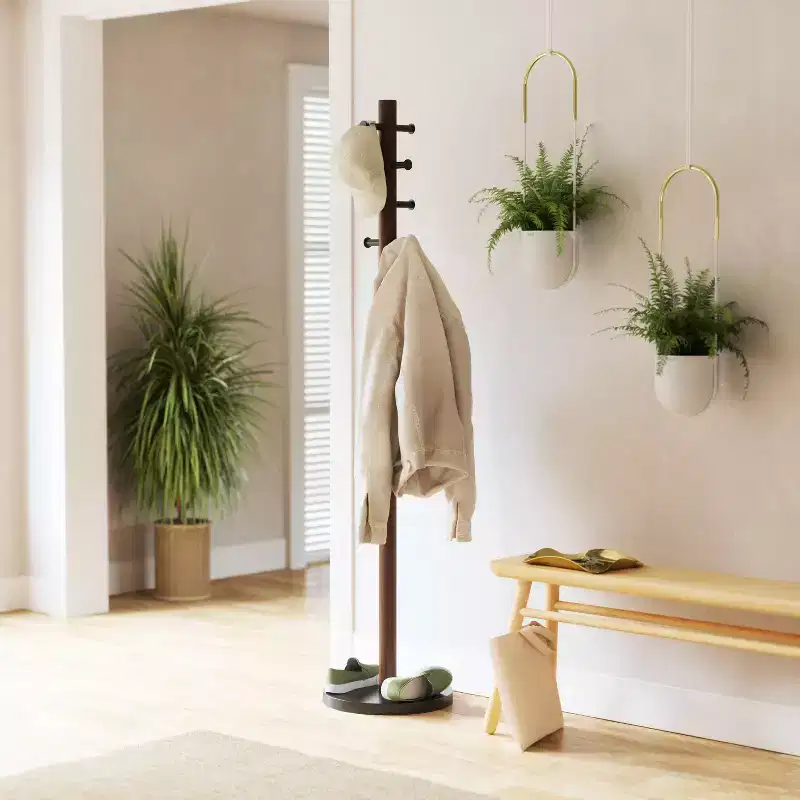 Umbra Wood Pillar Coat Rack Black/Walnut: 8-Hook, Freestanding, Easy Assembly, 66" Tall
