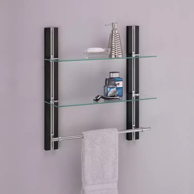 Two-Tier Glass Bathroom Shelf with Towel Bar