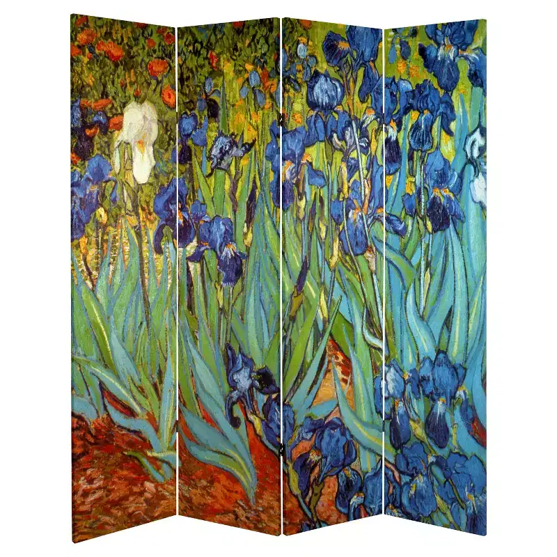 4-Panel Double-Sided Canvas Room Divider – Blue/Green, Irises & Starry Night, 1-Person