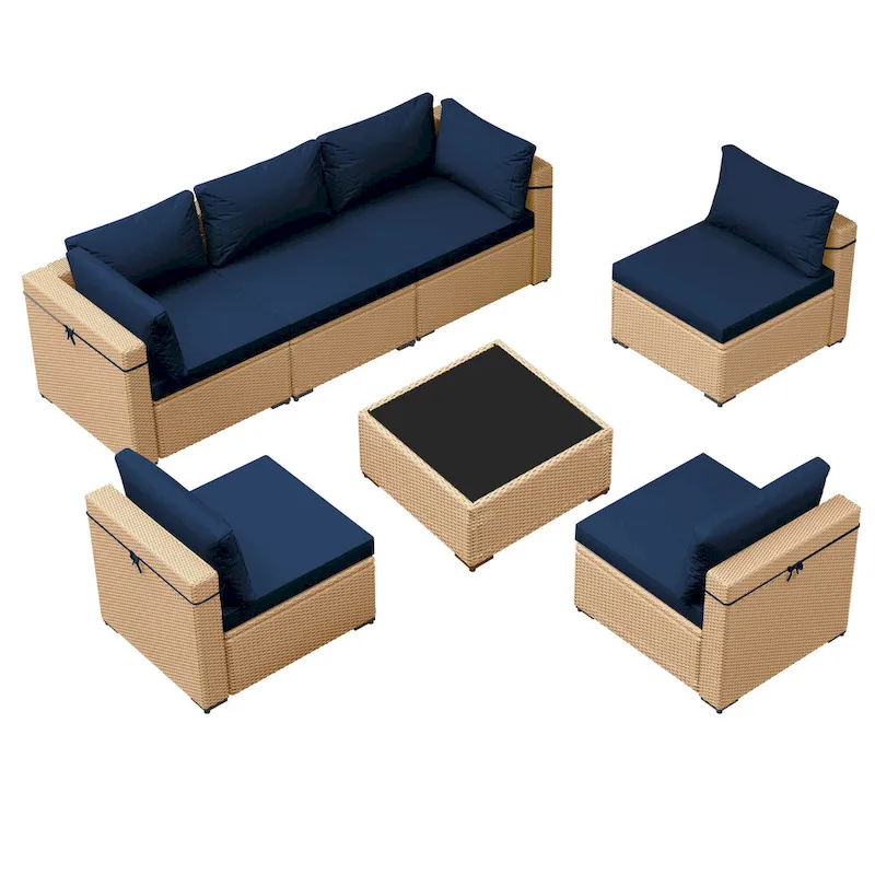 Patio Watcher 7-Piece Patio Yellow Wicker Sectional Seating Group with Cusions and Side Table