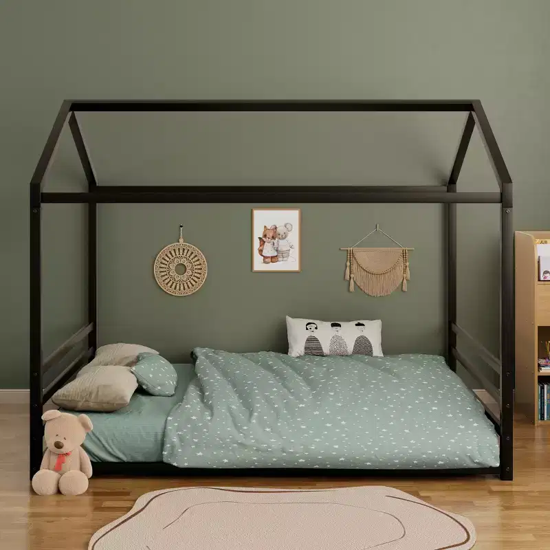 Twin/Full Montessori Floor Bed Frame, Metal House-Shaped Low Bed with Guardrails
