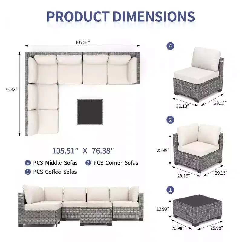 7-Piece Outdoor Patio Furniture Set with Glass Top Coffee Table, PE Rattan Wicker Sectional Modular Conversation Sofa Set w/ Cushions for Patio