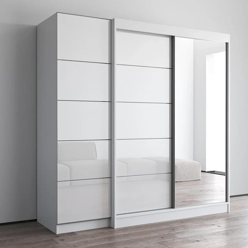 2-Door Wardrobe with Mirror, Glass Front, 2-Person (Gray / Black / White)