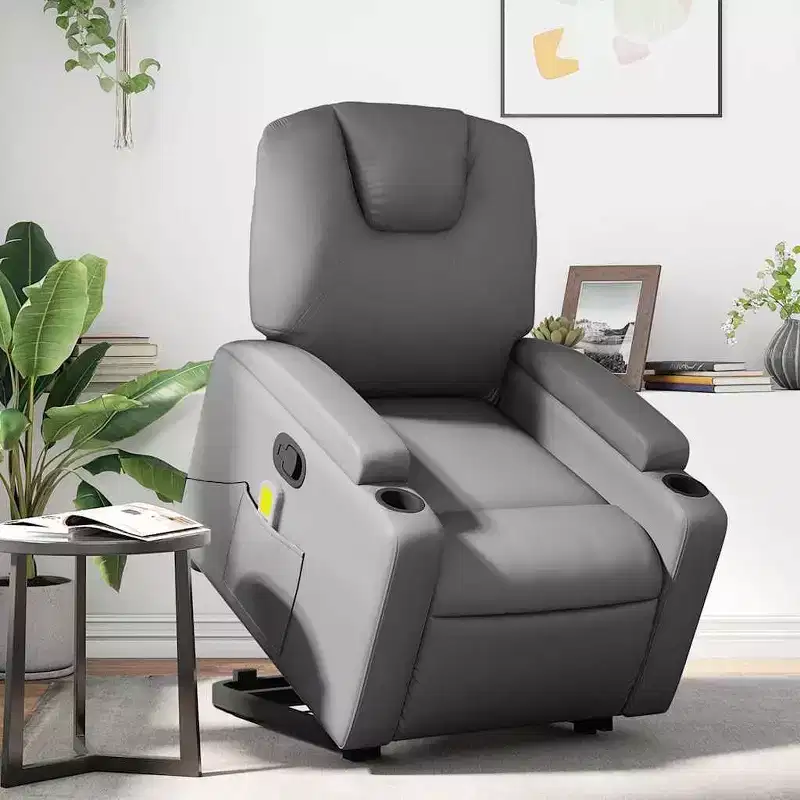 vidaXL Power Lift Massage Recliner Chair - Manual Reclining, Vibrating Massage, Cup Holders, Faux Leather, Electric Stand-Up Aid, Gray