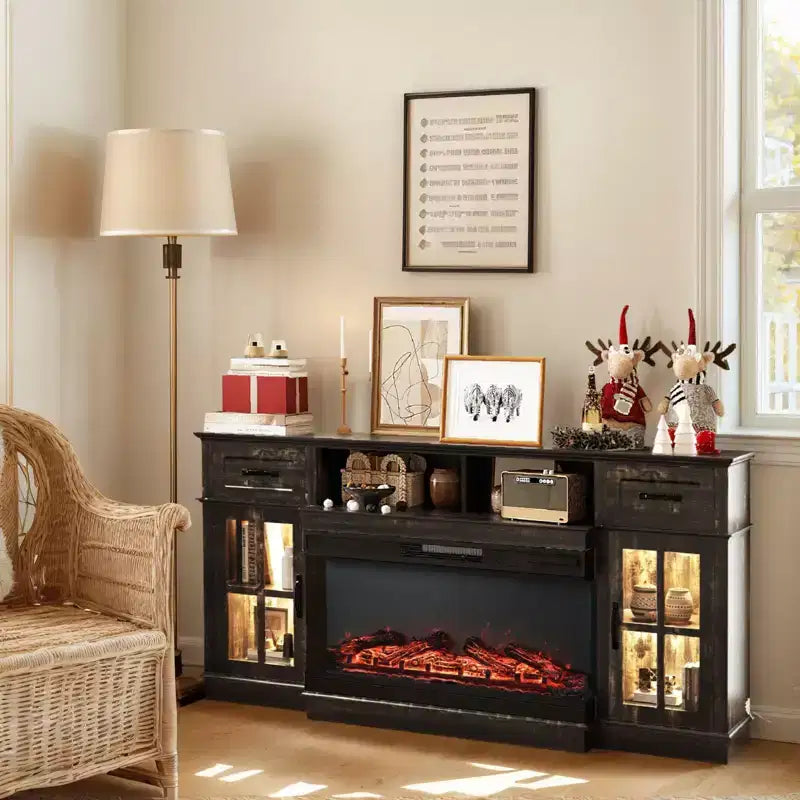 Farmhouse 70'' TV Stand For Tvs Up To 80'' With Electric Fireplace and Adjustable Shelves