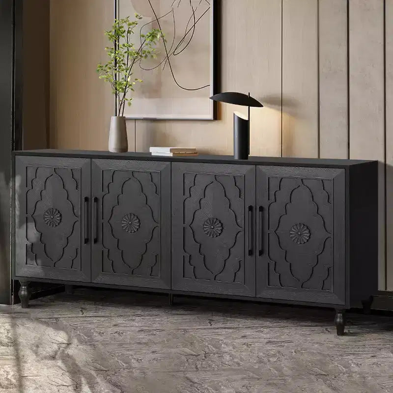 Kitchen Cabinet with 4 Carved Flower Doors, Decorative Sideboard Buffet Storage Cabinet for Dining Room, Living Room - Panipeachy