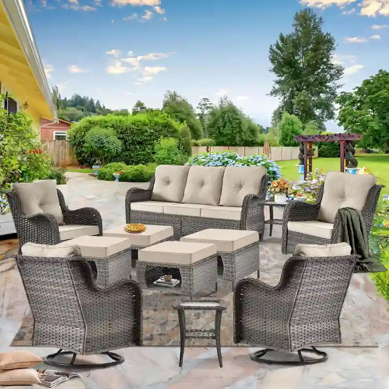 Patio Furniture-11 Piece Wicker Patio Furniture Set with Swivel Chairs