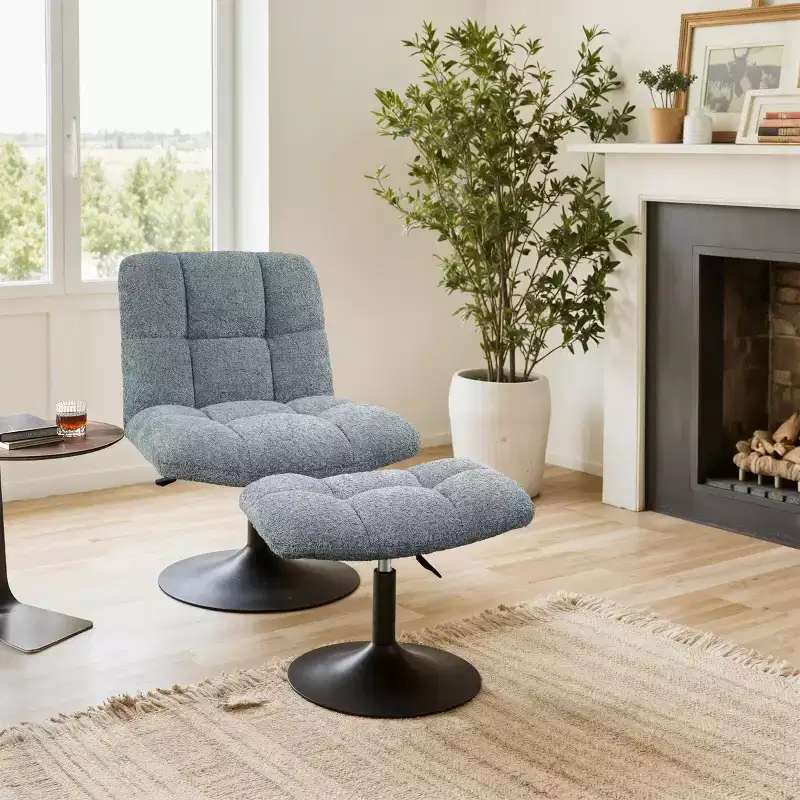 Art Leon Leisure Linen Fabric Swivel Accent Chair with Ottoman, Wood and Metal Frame
