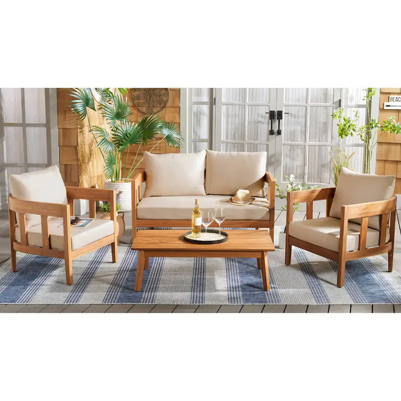 SAFAVIEH Owen 4-Piece Solid Wood Patio Conversation Set - 52W x 30D x 25H