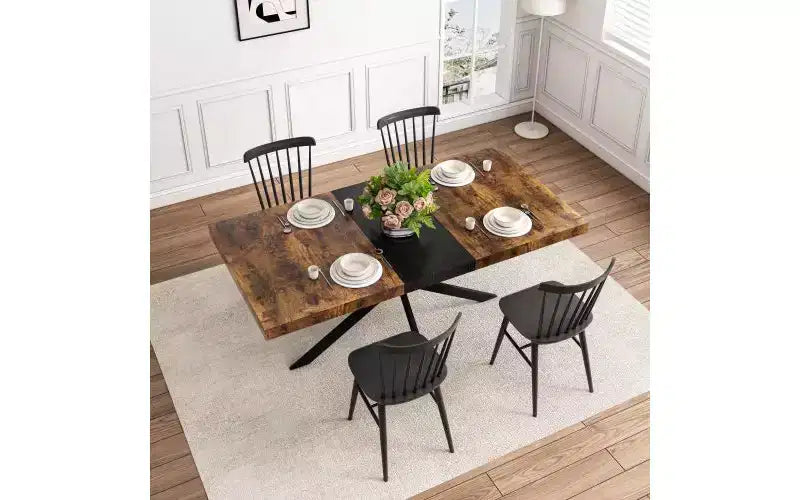 TUYOHW Storage Box Dining Table for 4-6,Expandable Kitchen Table with Cross Iron Foot Base & Relief Plate,Wooden Table for Office,Living Room