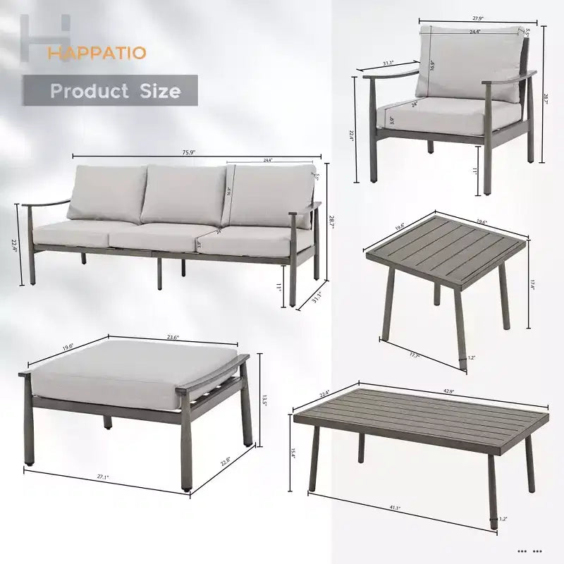 HAPPATIO 7 Pieces Aluminum Outdoor Conversation Set Includes 1 Three-Seater Sofa, 1 Coffee Table, 1 Side Table, 2 Armchairs and 2 Ottomans