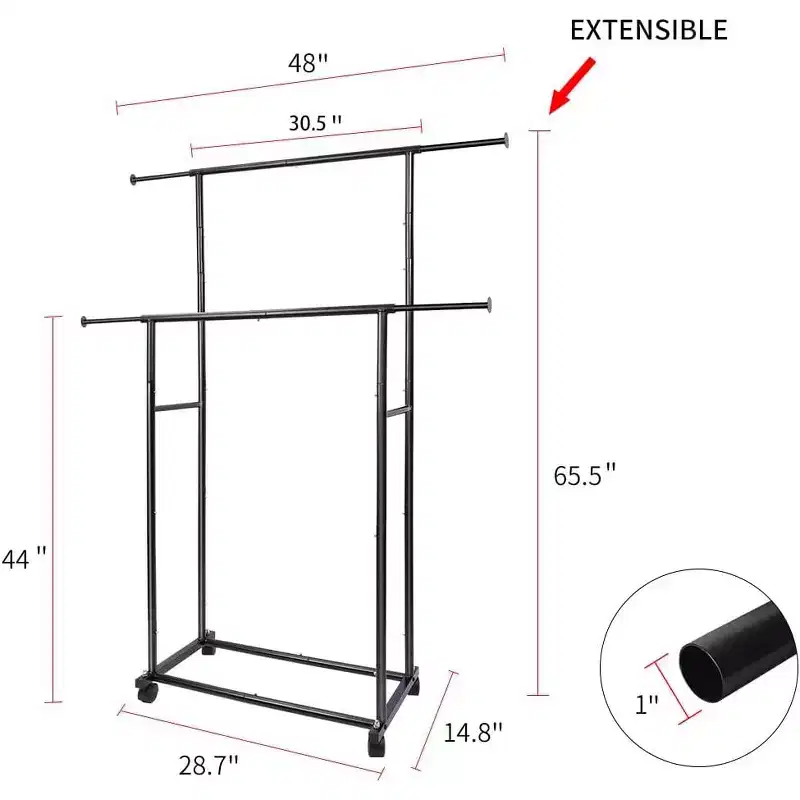 Heavy Duty Double Rod Rolling Clothes Rack, Adjustable Metal Garment Rack with 150 lbs Load Capacity, Locking Wheels & Bottom Shelf